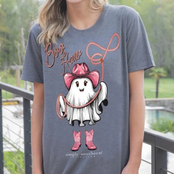 NWT Simply Southern Boo Haw Rodeo Ghost Halloween Tshirt Irregular - Picture 2 of 4
